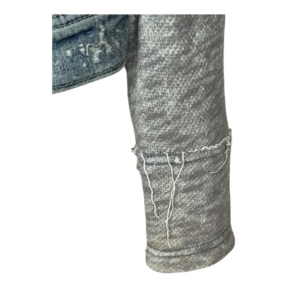 Free People Distressed Denim Jean Jacket With Gray Knit Long Sleeves Size XS - Picture 8 of 13